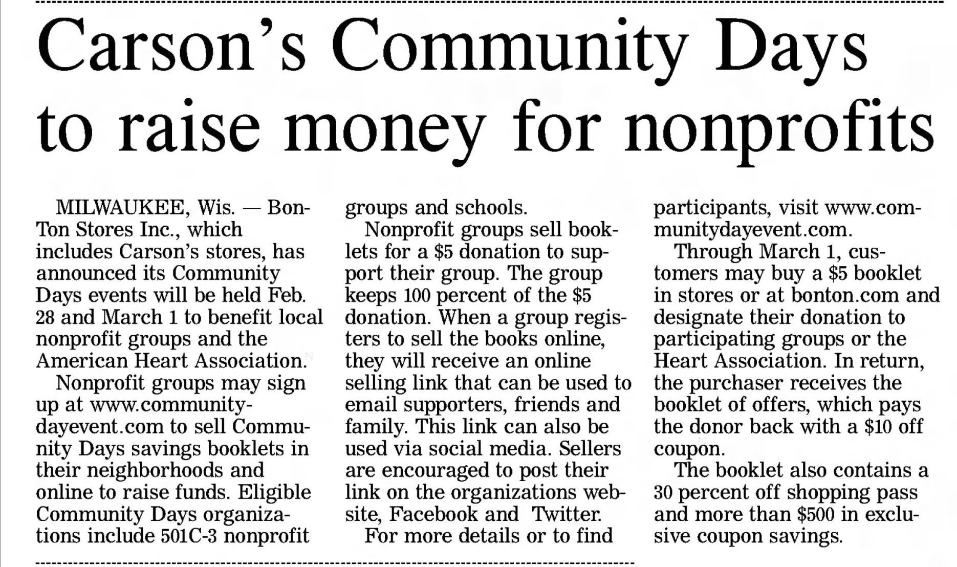 Carson's Community Days to raise money for nonprofits